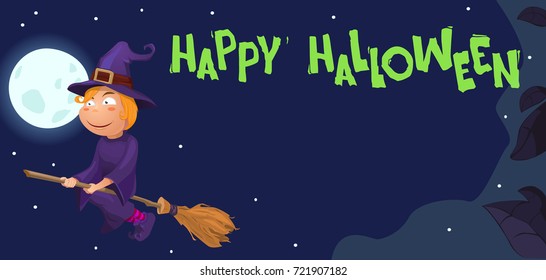 vector illustration halloween, witch on broom, celebratory character, flying on broom. Scary illustration, night and moon. Poster, banner, flyer.