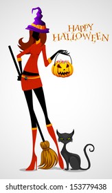 vector illustration of Halloween witch with pumpkin