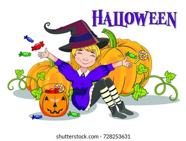 Vector illustration, halloween, witch, pumpkin