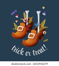 Ilustração vetorial de sapatos de bruxas de Halloween com ossos, doces, folhas e texto "truque ou tratar" no fundo azul escuro. Design de desenho animado assustador engraçado