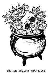 Vector illustration. Halloween. The Witch's Cauldron, Skull with peonies. Handmade, prints on T-shirts, background white, tattoos