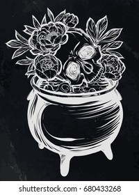 Vector illustration. Halloween. The Witch's Cauldron, Skull with peonies. Handmade, prints on T-shirts, , background chalkboard, tattoos