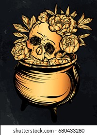 Vector illustration. Halloween. The Witch's Cauldron, Skull with peonies. Handmade, prints on T-shirts, , background chalkboard, tattoos. gold color