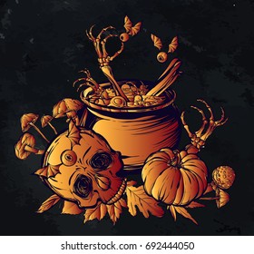 Vector illustration. Halloween. The Witch's Cauldron, Skull, leaves, pumpkin, mushrooms. Handmade, prints on T-shirts, background chalkboard, tattoos. Red yellow color