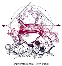 Vector illustration. Halloween. The Witch's Cauldron, Skull, leaves, pumpkin, mushrooms. Handmade, prints on T-shirts, background white, tattoos, Violet blue colors