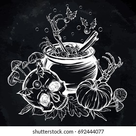 Vector illustration. Halloween. The Witch's Cauldron, Skull, leaves, pumpkin, mushrooms. Handmade, prints on T-shirts, background chalkboard, tattoos
