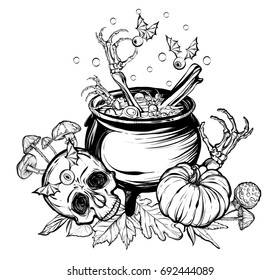 Vector illustration. Halloween. The Witch's Cauldron, Skull, leaves, pumpkin, mushrooms. Handmade, prints on T-shirts, background white, tattoos