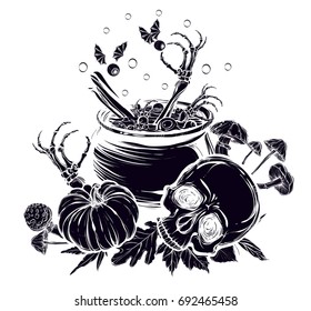 Vector illustration. Halloween. The Witch's Cauldron, Skull, leaves, pumpkin, mushrooms. Handmade, prints on T-shirts, background white, tattoos, black color