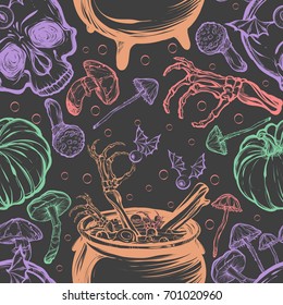 Vector illustration. Halloween. The Witch's Cauldron, Skull, leaves, pumpkin, mushrooms. Handmade, prints on T-shirts, background gray, tattoos. Green, purple, orange, red color