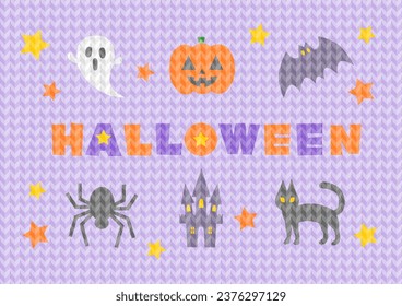 Vector illustration of Halloween. Woolen yarn pattern. Pumpkins, ghosts, bats, clouds, cats, and haunted houses. Colorful background illustration.