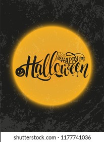 Vector illustration for Halloween with yellow moon on black background. Happy Halloween Text Banner. Autumn poster with pumpkin, web, bat, spider. Useful for invitations, scrapbook, card, poster.