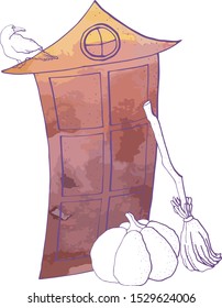 vector illustration for Halloween.Drawing by liner.Crow,broom,pumpkin-attributes of the autumn holiday.watercolor effect.