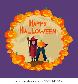Vector illustration. Halloween.Funny company. Witch and mr. pumpkin.