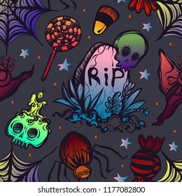 Vector illustration, Halloween,grave, spider web, spider, candy, witch hat,seamless pattern,dark background. Handmade