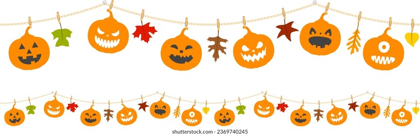 Vector illustration of a Halloween-themed seamless border featuring jack-o'-lanterns and autumn leaves. Strings can be joined end to end to make longer strings.