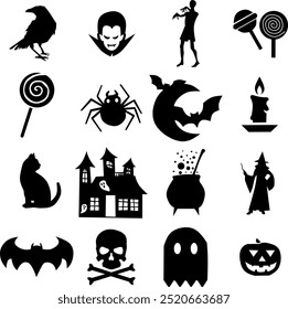 Ilustración vectorial de iconos de silueta con temas de Halloween, incluidos dulces, velas, brujas, calabazas, momias, luna creciente, fantasmas, vampiros, arañas y más.