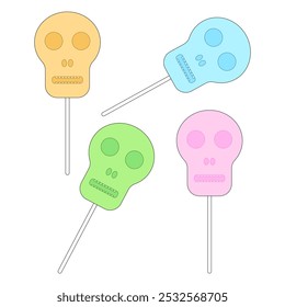 Vector illustration of Halloween-themed skull-shaped lollipops in bright colors. Perfect for spooky celebrations and decorations.