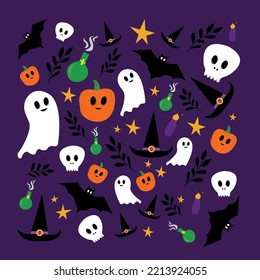 ilustración vectorial para halloween.vector ilustración para halloween, dibujo de murciélago, dibujo de cráneo.