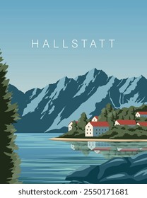 Vector illustration. Hallstatt Austria. Travel poster, cover, postcard. Modern design. Travel, tourism, nature.