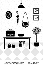 Vector illustration of hallway interior with furniture, bags, shoes, hat and decorations in black and white colors