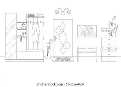 Vector Illustration of a Hallway in Outline Style. Line Illustration of Modern Home Hallway. Schematic Template with Furniture in Linear Style. Front View, Includes: Door, Wardrobe, Locker and Hangers