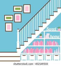Vector illustration with hallway stairs in flat style with posters and bookshelves