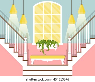 Vector illustration with hallway stairs in flat style with daybed, window and chandelier