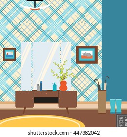 Vector illustration of a hallway with a trellis, painting, umbrella in the style of 70s.