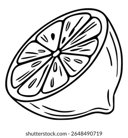 Ilustração vetorial de um limão dividido em metades, retratado em um estilo ousado, desenhado à mão com segmentos detalhados e uma crosta texturizada, apresentando uma estética minimalista em preto e branco.