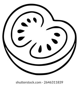 A vector illustration of a halved tomato, showcasing a simplistic black line art style with detailed seed representation, ideal for culinary designs or food-related projects.