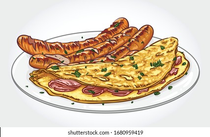 Dibujo vectorial de una tortilla de jamón y queso con salchicha en un plato blanco.
