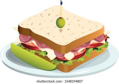 Vector illustration of a ham and swiss cheese sandwich on a plate with a pickle spear