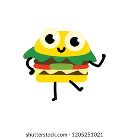 Vector illustration of hamburger cartoon character - funny smiling emoticon of fast food meal isolated on white background. Tasty full sandwich with cooked meat and vegetables.