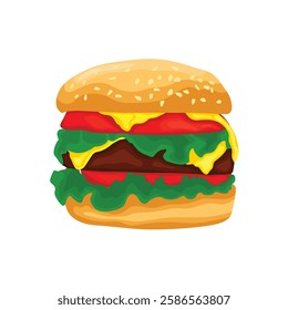 Vector illustration of hamburger in cartoon flat style. Burger or sandwich ingredients set. Cartoon restaurant food menu with tasty beef cutlet and chorizo bacon, slices of cheddar, and vegetables