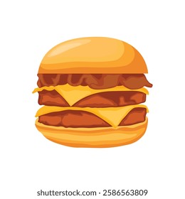 Vector illustration of hamburger in cartoon flat style. Burger or sandwich ingredients set. Cartoon restaurant food menu with tasty beef cutlet and chorizo bacon, slices of cheddar, and vegetables