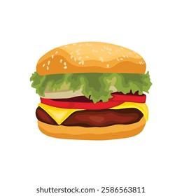 Vector illustration of hamburger in cartoon flat style. Burger or sandwich ingredients set. Cartoon restaurant food menu with tasty beef cutlet and chorizo bacon, slices of cheddar, and vegetables