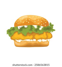 Vector illustration of hamburger in cartoon flat style. Burger or sandwich ingredients set. Cartoon restaurant food menu with tasty beef cutlet and chorizo bacon, slices of cheddar, and vegetables