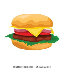 Vector illustration of hamburger in cartoon flat style. Burger or sandwich ingredients set. Cartoon restaurant food menu with tasty beef cutlet and chorizo bacon, slices of cheddar, and vegetables