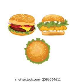 Vector illustration of hamburger in cartoon flat style. Burger or sandwich ingredients set. Cartoon restaurant food menu with tasty beef cutlet and chorizo bacon, slices of cheddar, and vegetables