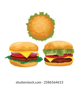 Vector illustration of hamburger in cartoon flat style. Burger or sandwich ingredients set. Cartoon restaurant food menu with tasty beef cutlet and chorizo bacon, slices of cheddar, and vegetables