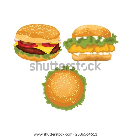 Vector illustration of hamburger in cartoon flat style. Burger or sandwich ingredients set. Cartoon restaurant food menu with tasty beef cutlet and chorizo bacon, slices of cheddar, and vegetables