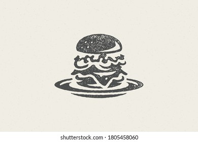 Vector illustration of hamburger with cheese and lettuce served on plate for fast food service isolated on gray background