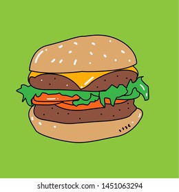 Vector illustration. Hamburger with cheese, tomato and salad. Unhealthy food. Sticker in cartoon style with contour. Decoration for patches, prints for clothes, badges, posters, emblems, menus