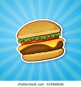 Vector illustration. Hamburger with cheese, tomato and salad. Unhealthy food. Sticker in cartoon style with contour. Decoration for patches, prints for clothes, badges, posters, emblems, menus