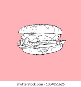 
Vector Illustration of a hamburger, cheeseburger isolated on a white background. Take food with you, quick snack, logo, icon