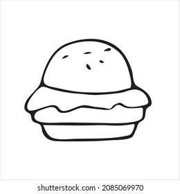 Vector illustration of a hamburger. Doodle style. Delicious cheeseburger. An icon, logo or sticker for your cafe menu, restaurant, bar, website, promotional items.