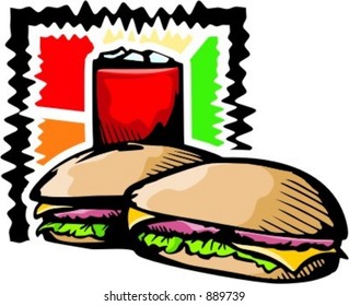 A vector illustration of a hamburger and a drink.