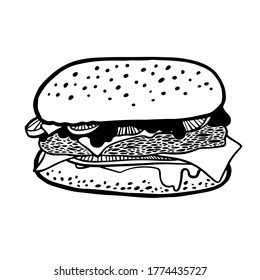 vector illustration. Hamburger, food, fast food, cutlet, cheese, ketchup, black, white