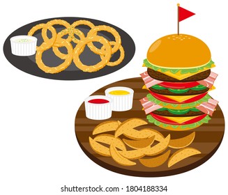 Vector illustration of hamburger with french fries and onion rings
