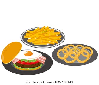 Vector illustration of hamburger with french fries and onion rings